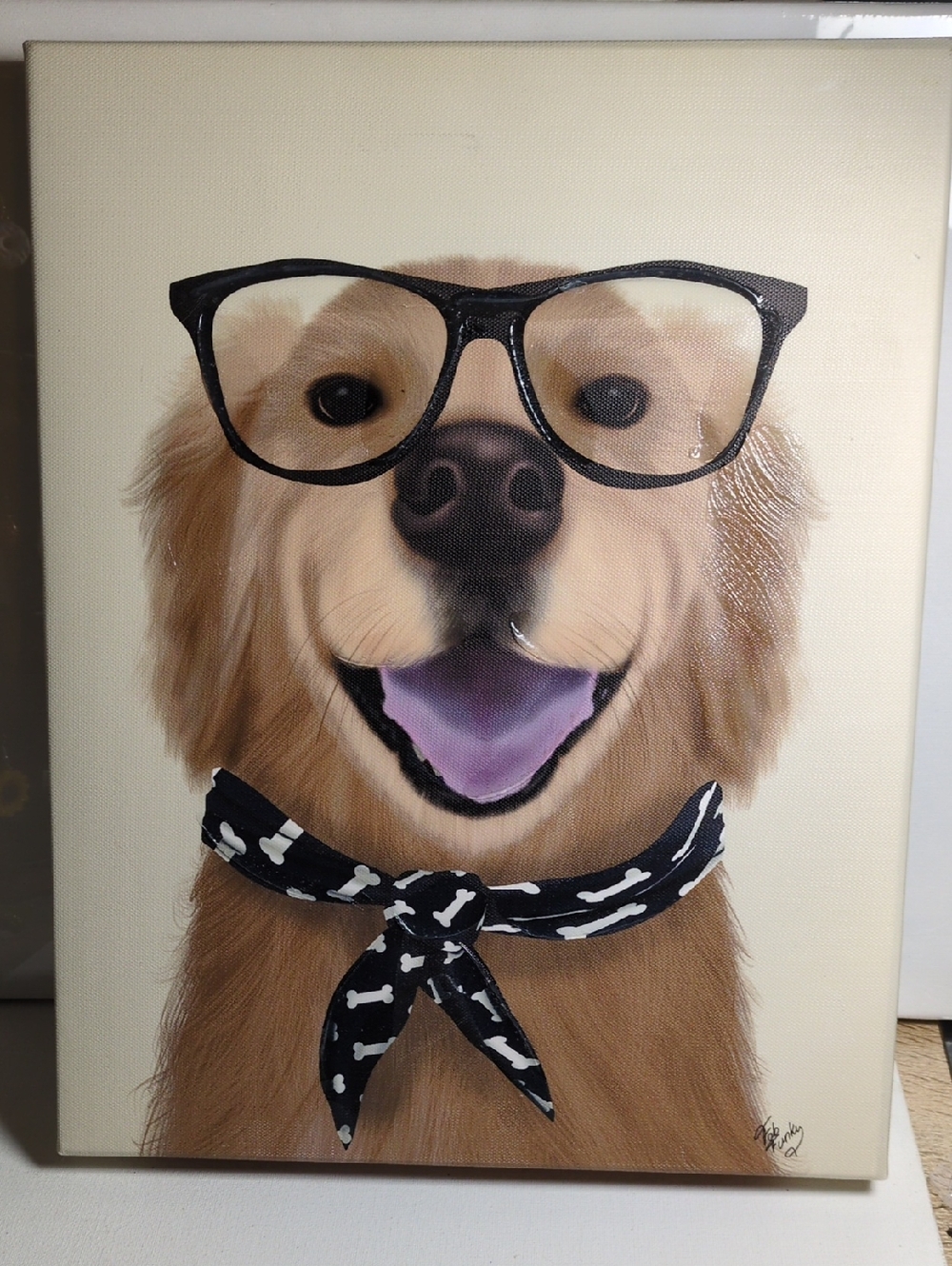 Hobby Lobby Golden Retriever Canvas Art in Black Glasses and Black Bone Bandana